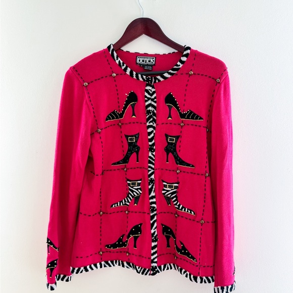 Bob Mackie Sweaters - Vintage Hot Pink Zebea Shoe Cardigan – Size Large